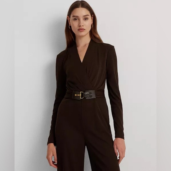 Ralph Lauren Rich Chocolate Brown Jersey Belted Jumpsuit